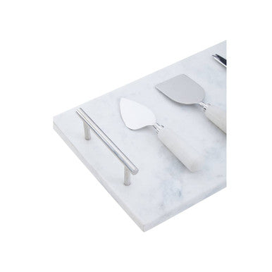 Orsina White Marble Cheese Board and Knife Set with Silver Handles