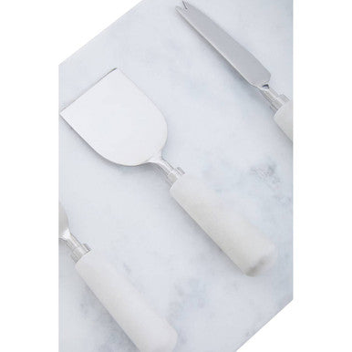 Orsina White Marble Cheese Board and Knife Set with Silver Handles