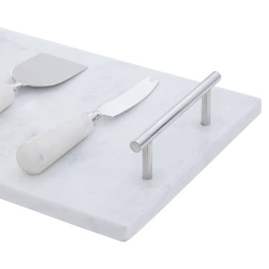 Orsina White Marble Cheese Board and Knife Set with Silver Handles