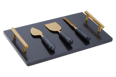 Orsina Marina Black Marble Cheese Board and Knife Set with Gold Accents