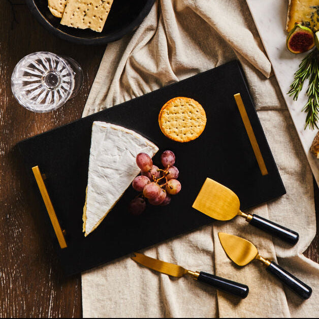 Orsina Marina Black Marble Cheese Board and Knife Set with Gold Accents