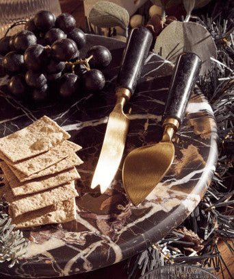 Orsina Marina Black Marble Cheese Board and Knife Set with Gold Accents