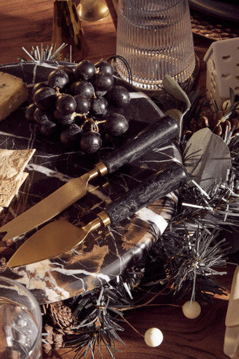 Orsina Marina Black Marble Cheese Board and Knife Set with Gold Accents