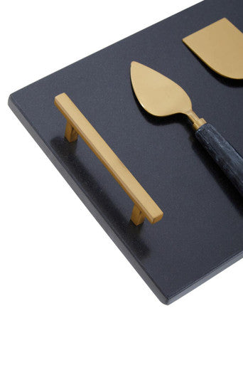 Orsina Marina Black Marble Cheese Board and Knife Set with Gold Accents