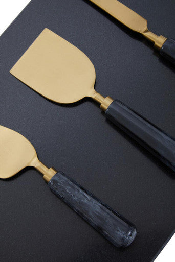 Orsina Marina Black Marble Cheese Board and Knife Set with Gold Accents