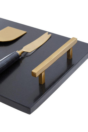 Orsina Marina Black Marble Cheese Board and Knife Set with Gold Accents