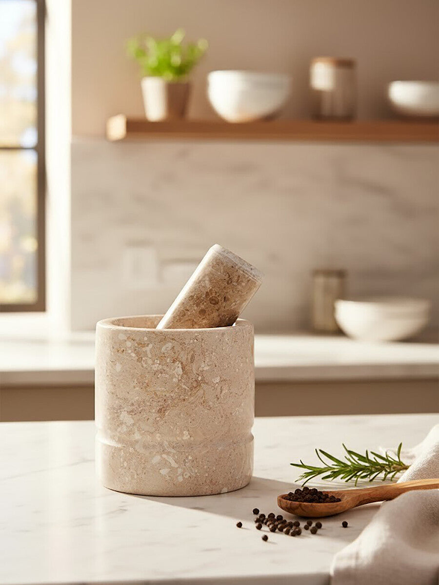 Orsina Marmore Cream Marble Mortar and Pestle – Natural Stone Grinder