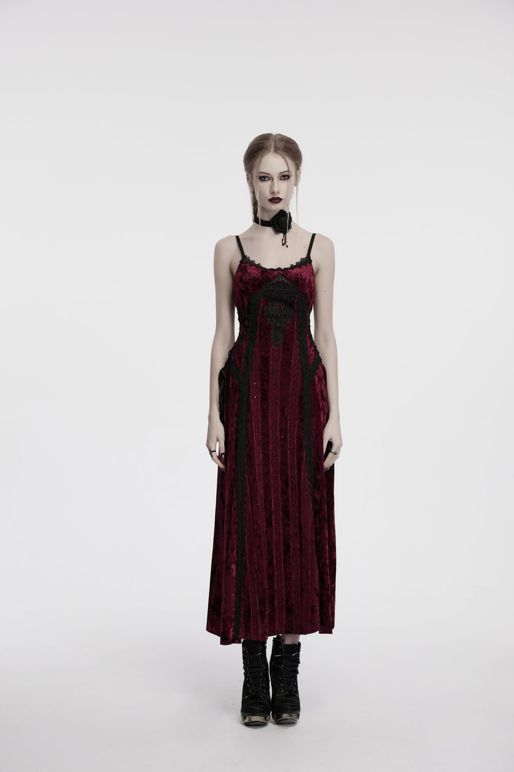 Punk Rave Vivienne Velvet Lace Panel Goth Slip Dress – Burgundy