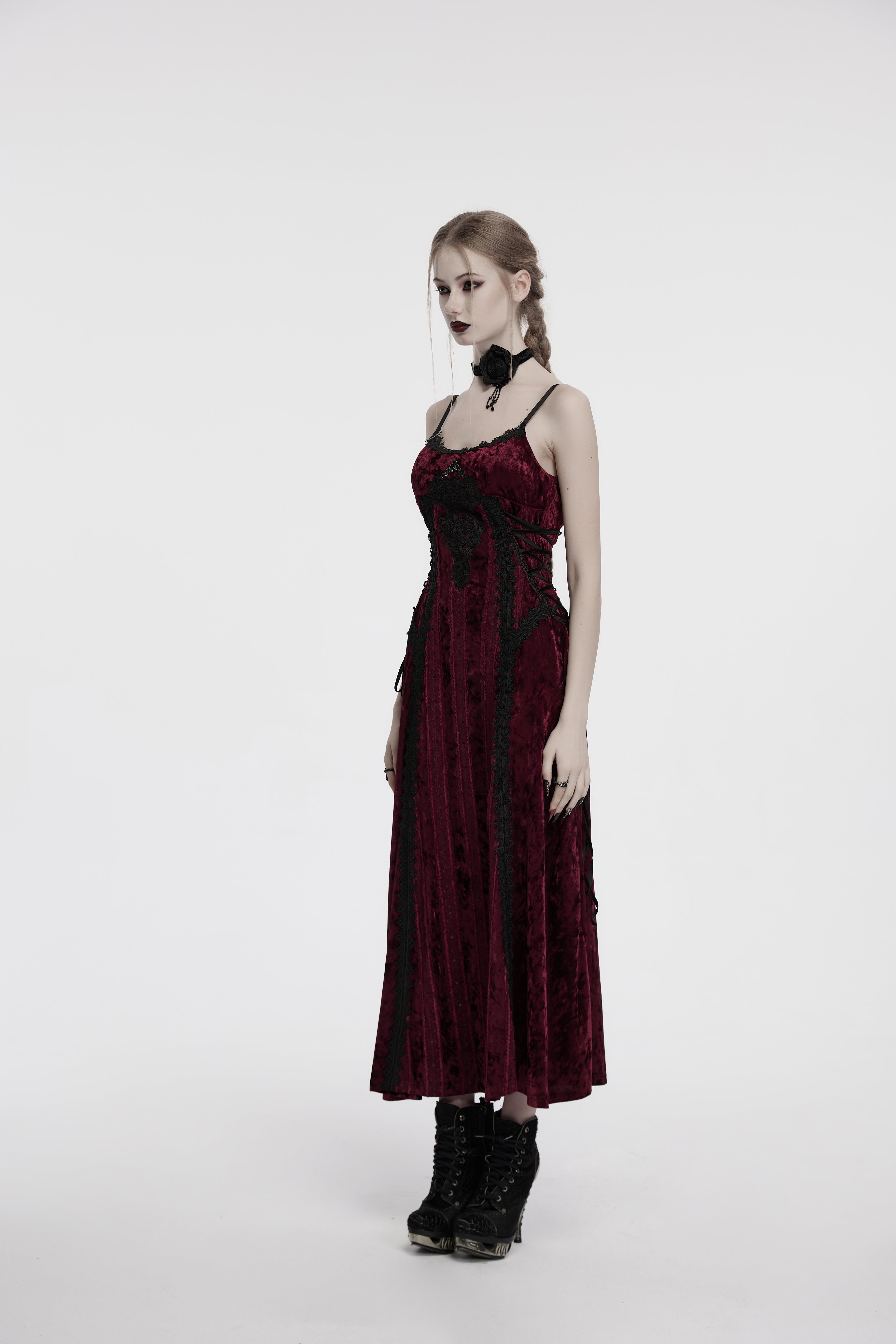 Punk Rave Vivienne Velvet Lace Panel Goth Slip Dress – Burgundy