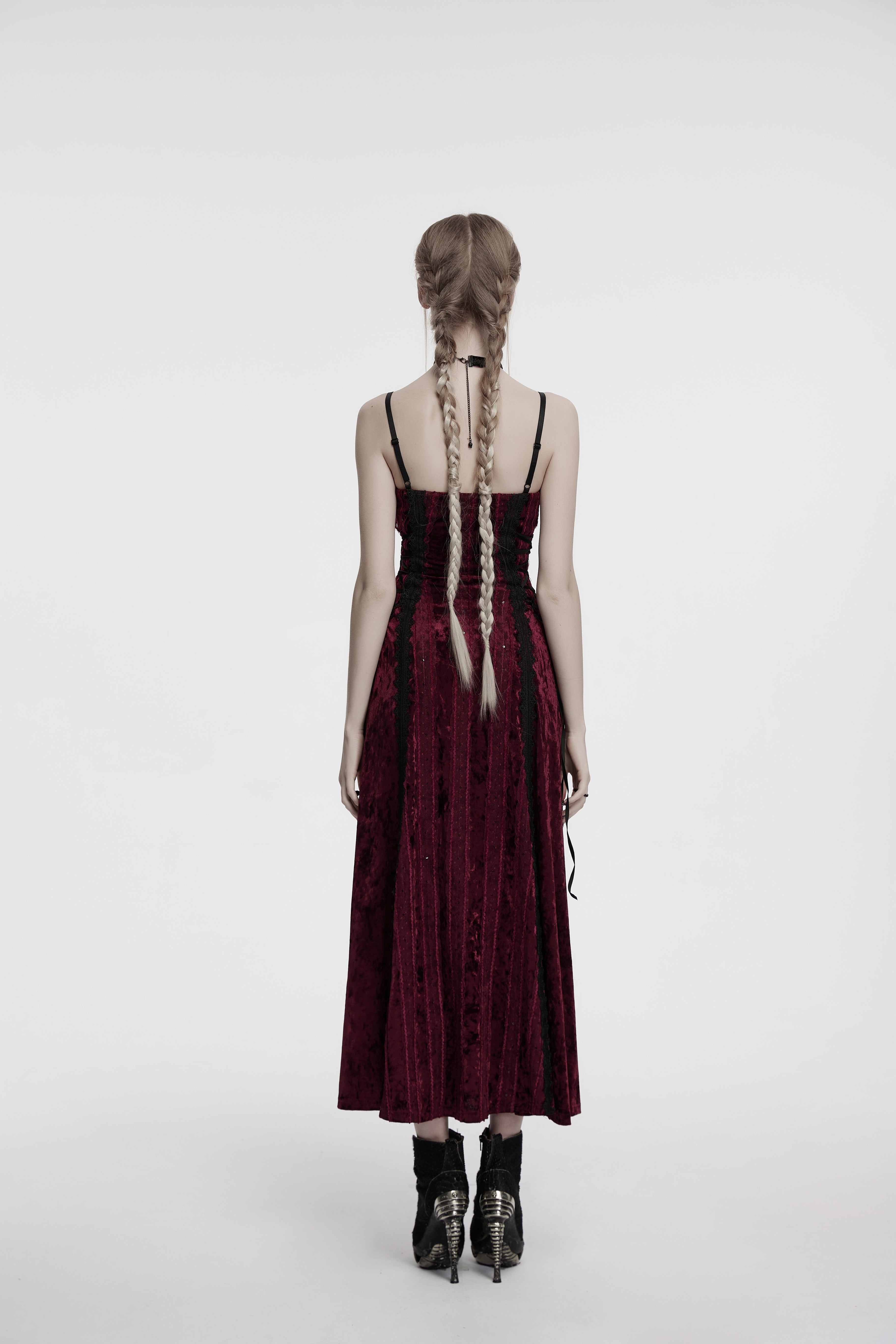 Punk Rave Vivienne Velvet Lace Panel Goth Slip Dress – Burgundy
