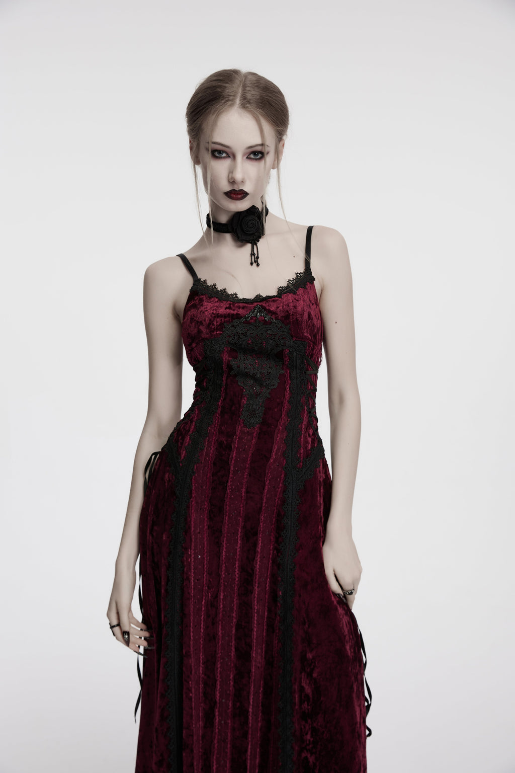 Punk Rave Vivienne Velvet Lace Panel Goth Slip Dress – Burgundy