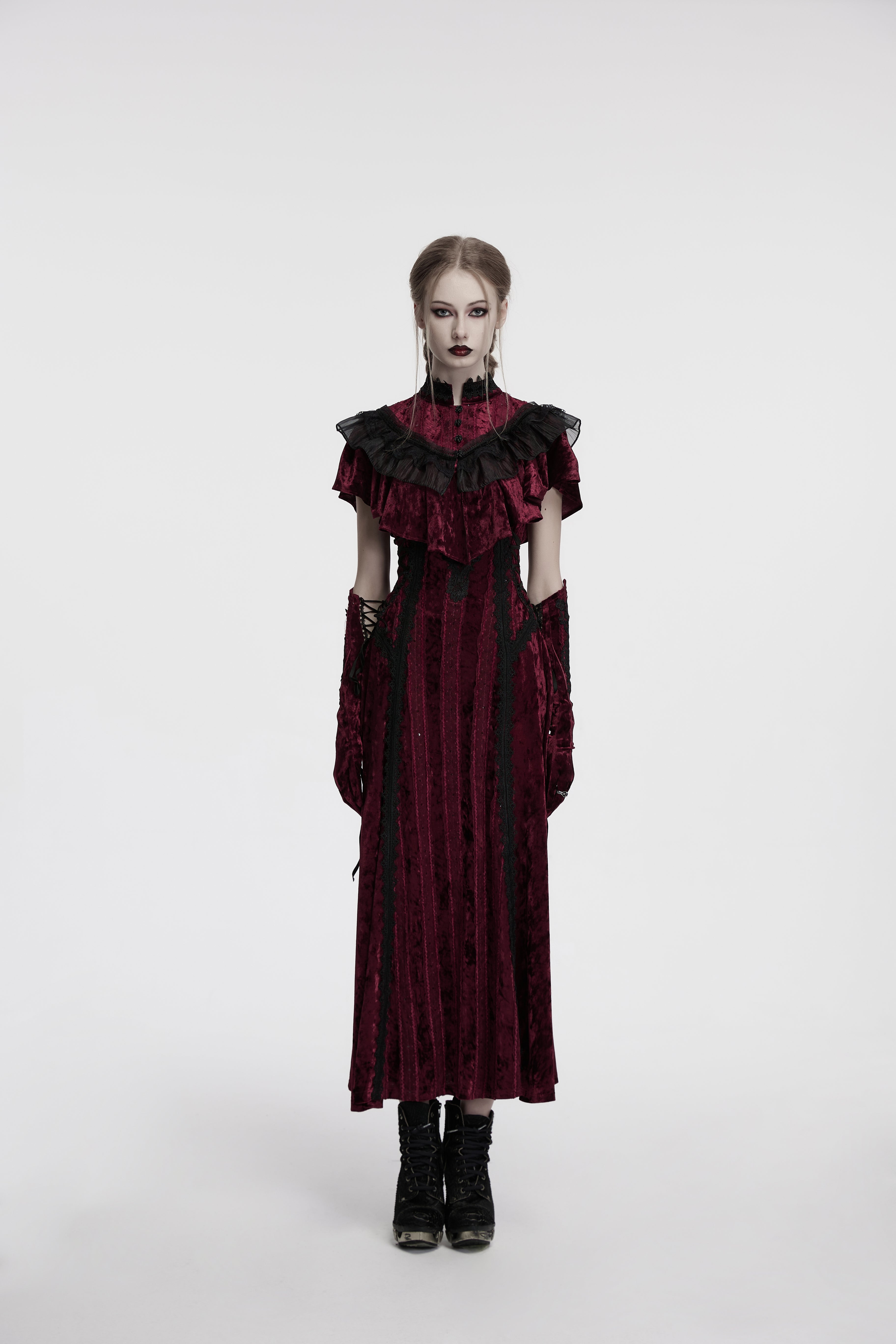 Punk Rave Elysia Velvet Ruffle Goth Shawl – Crimson Red & Black