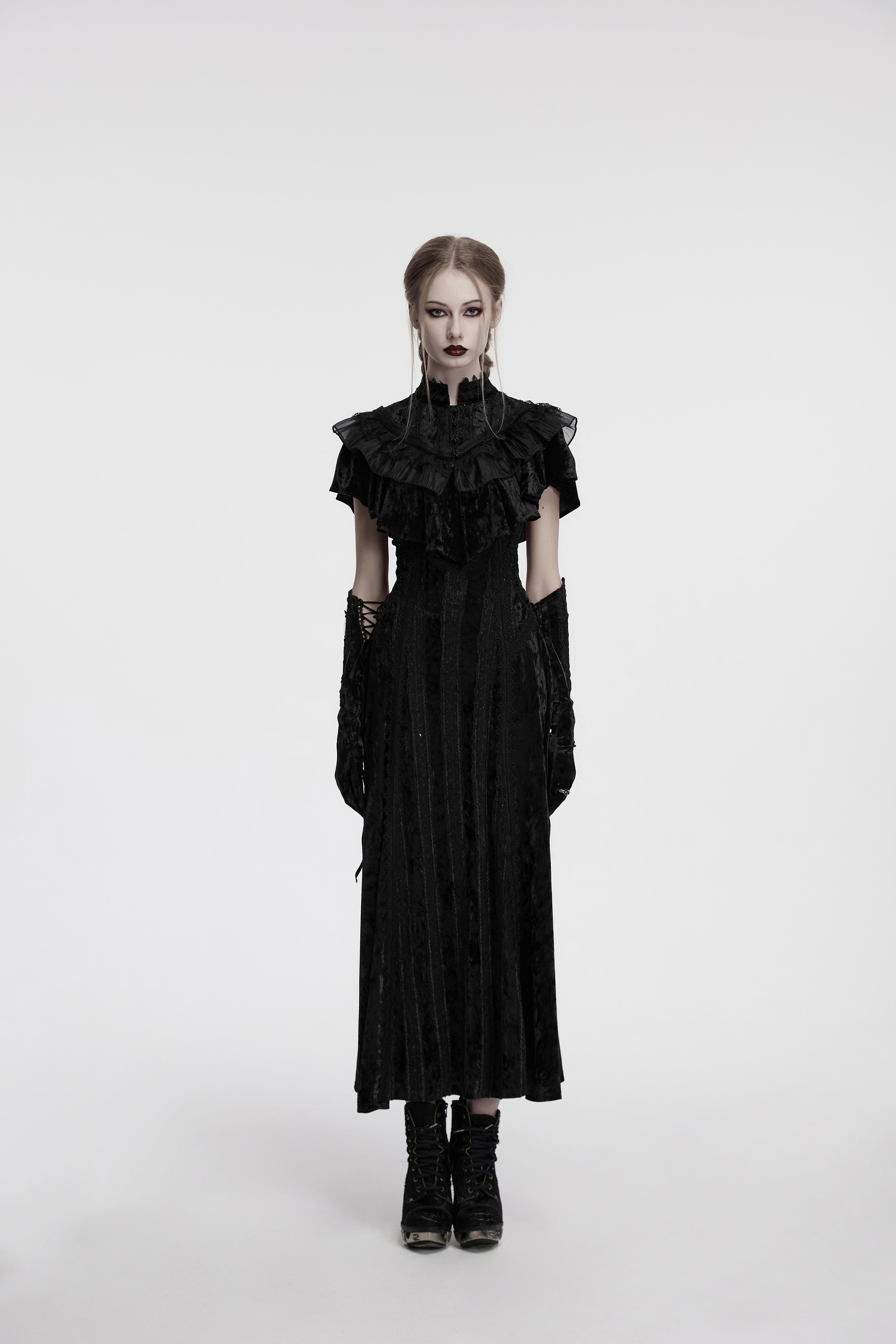 Punk Rave Elysia Velvet Ruffle Goth Shawl – Victorian Lace Collar Black