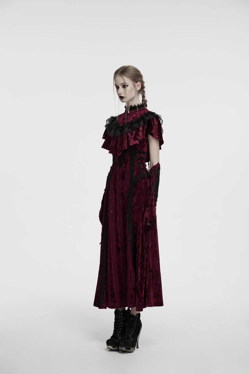 Punk Rave Elysia Velvet Ruffle Goth Shawl – Crimson Red & Black