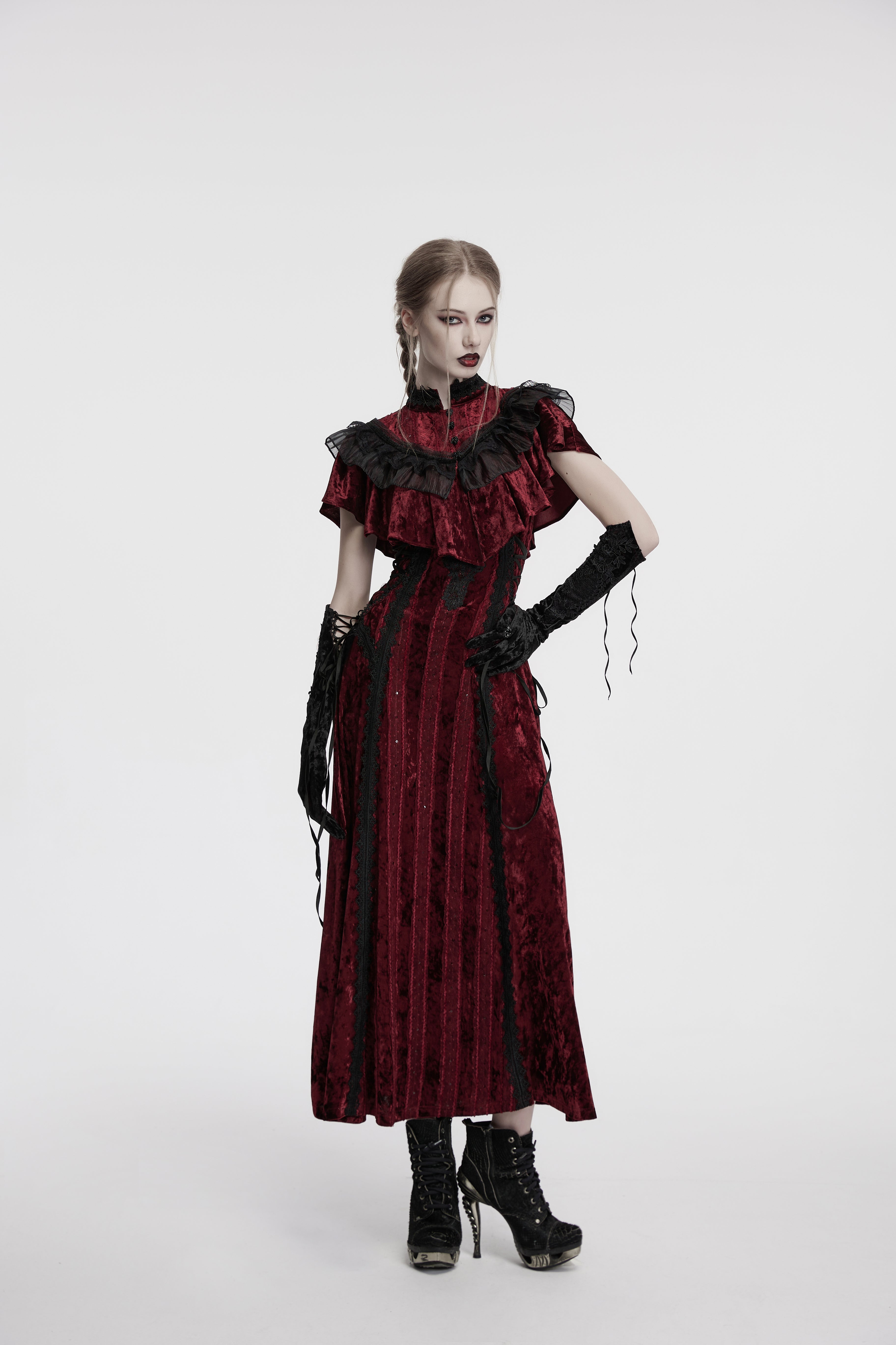 Punk Rave Selene Black Velvet Embroidered Gothic Gloves with Pointed Cuffs