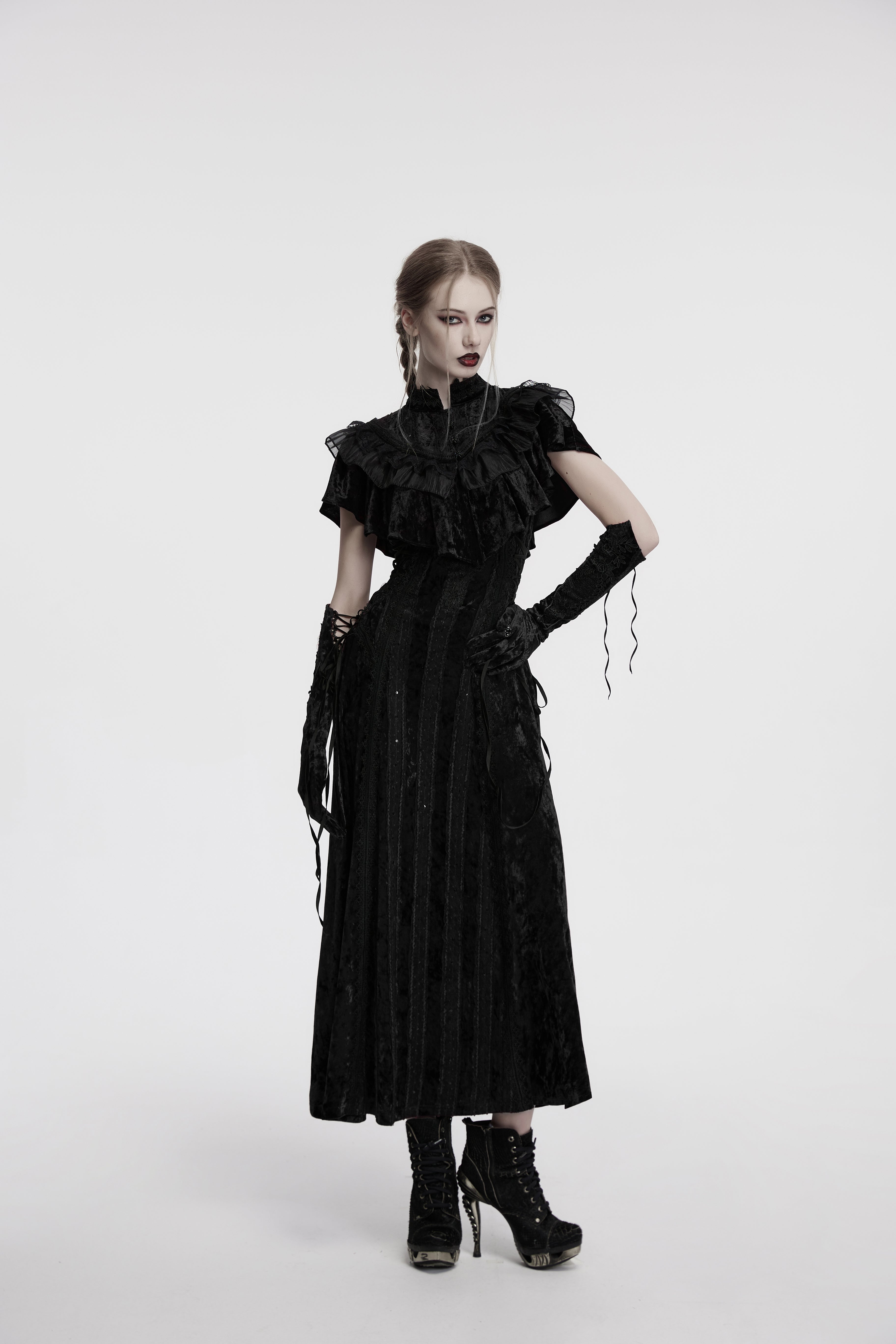 Punk Rave Elysia Velvet Ruffle Goth Shawl – Victorian Lace Collar Black
