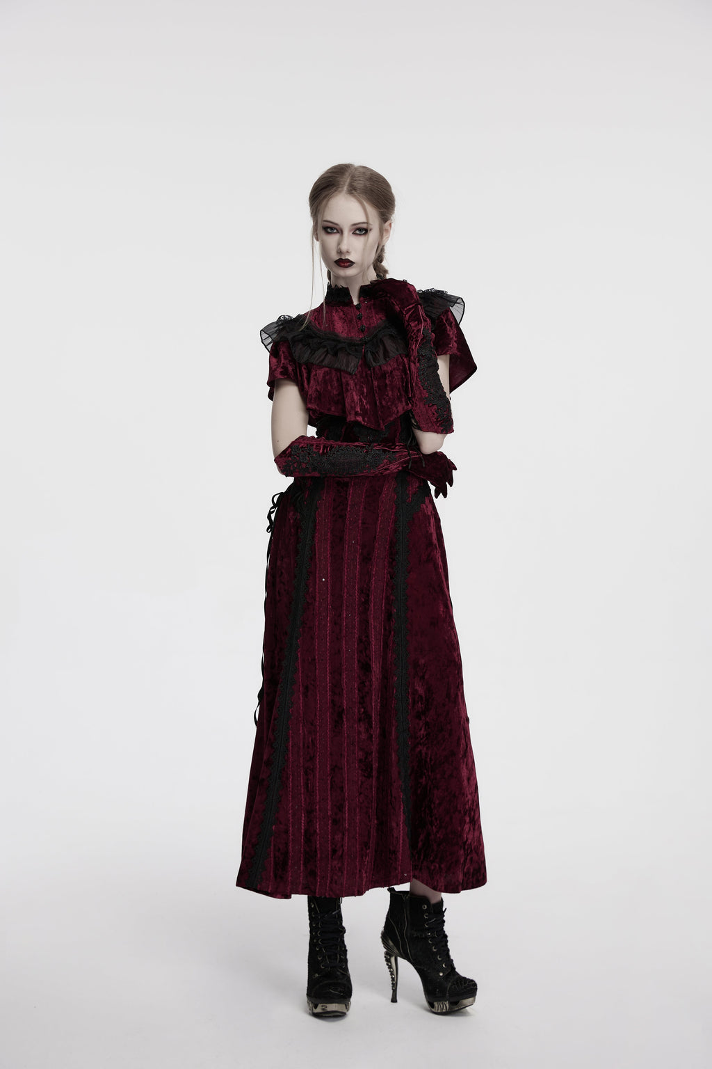 Punk Rave Selene Crimson Velvet Embroidered Gothic Evening Gloves