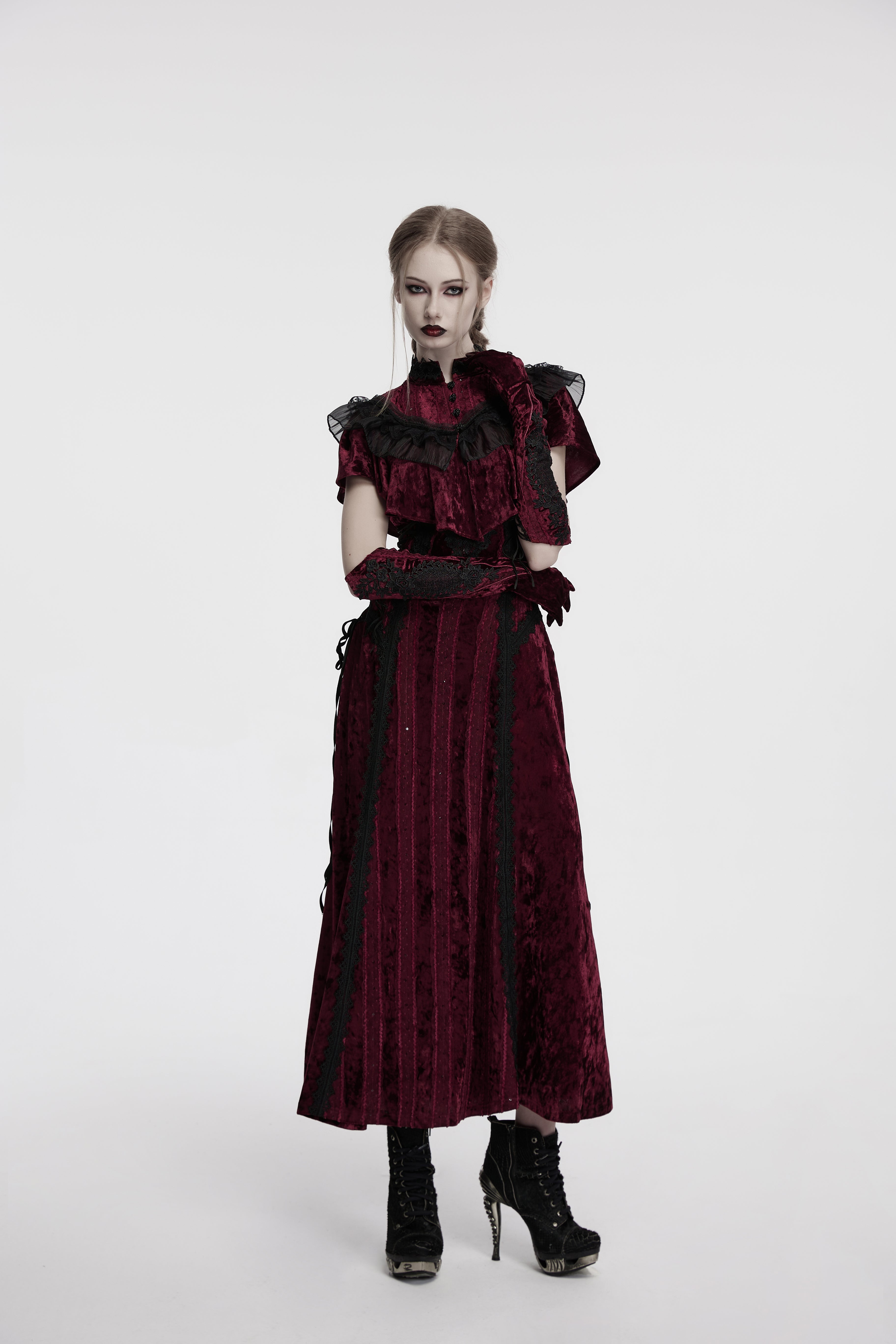 Punk Rave Selene Crimson Velvet Embroidered Gothic Evening Gloves