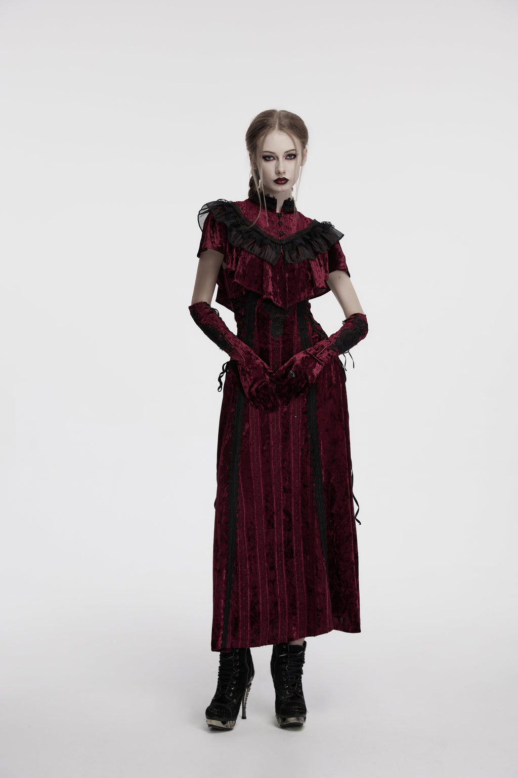 Punk Rave Selene Crimson Velvet Embroidered Gothic Evening Gloves