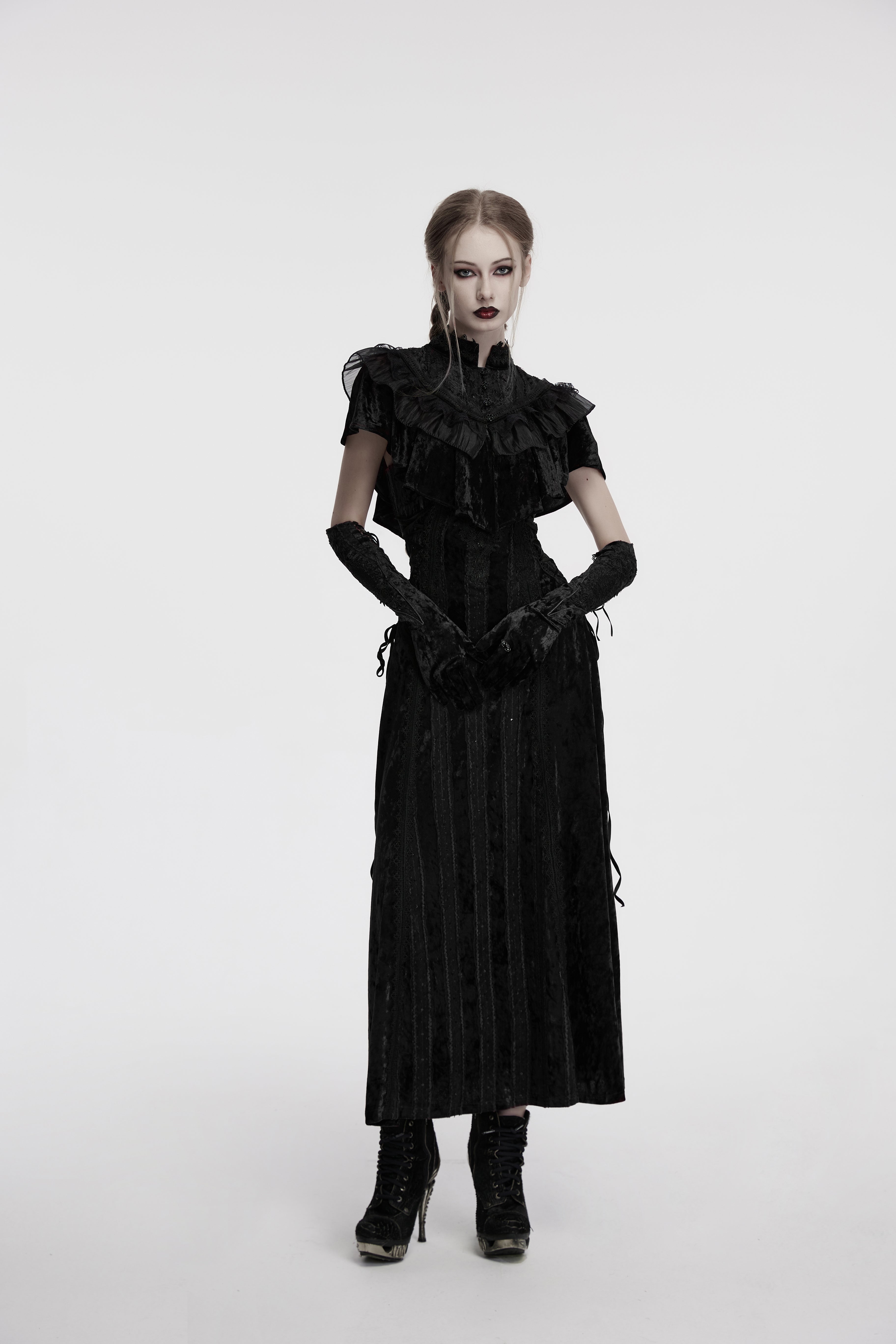 Punk Rave Elysia Velvet Ruffle Goth Shawl – Victorian Lace Collar Black