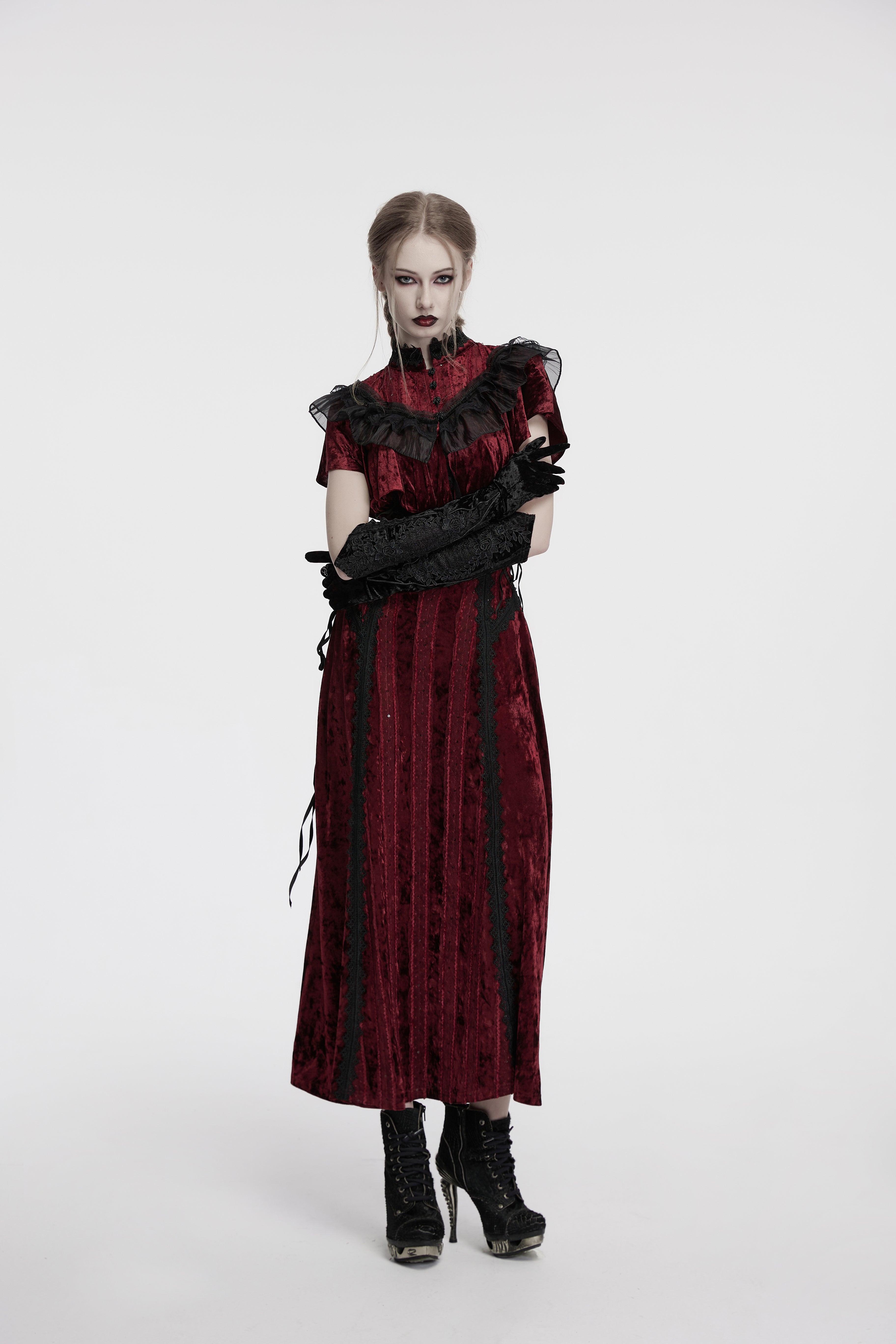 Punk Rave Selene Black Velvet Embroidered Gothic Gloves with Pointed Cuffs
