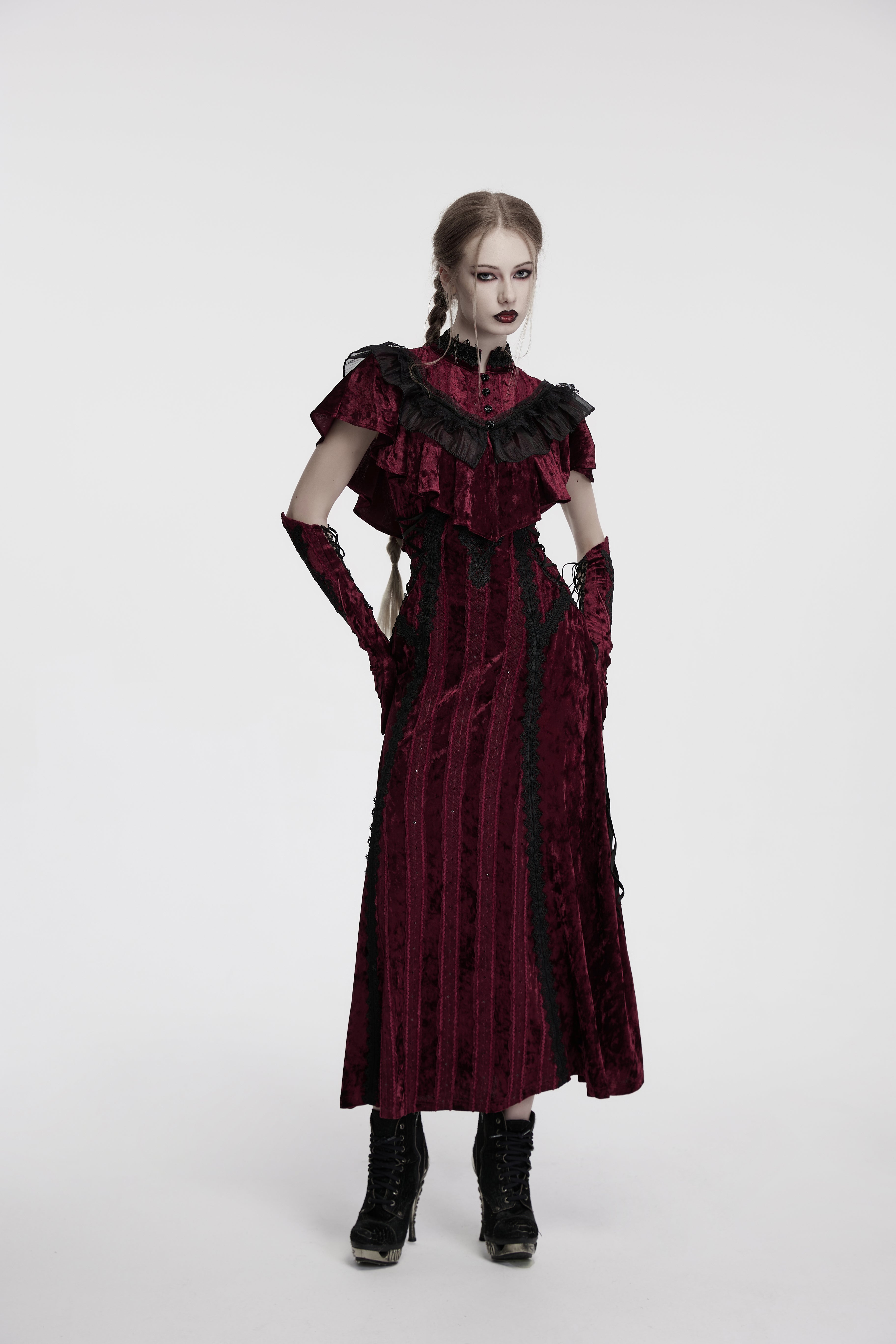 Punk Rave Elysia Velvet Ruffle Goth Shawl – Crimson Red & Black