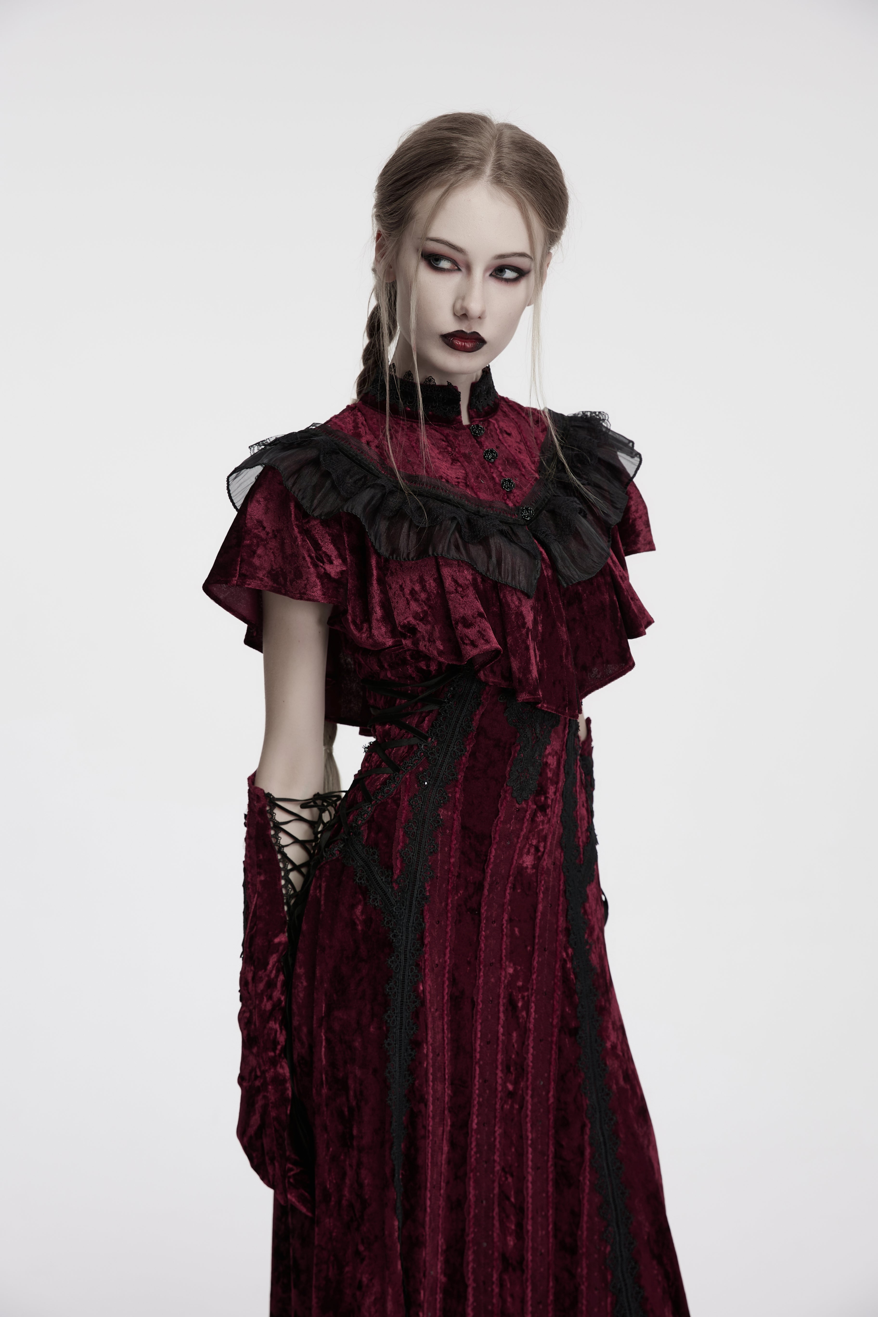 Punk Rave Elysia Velvet Ruffle Goth Shawl – Crimson Red & Black