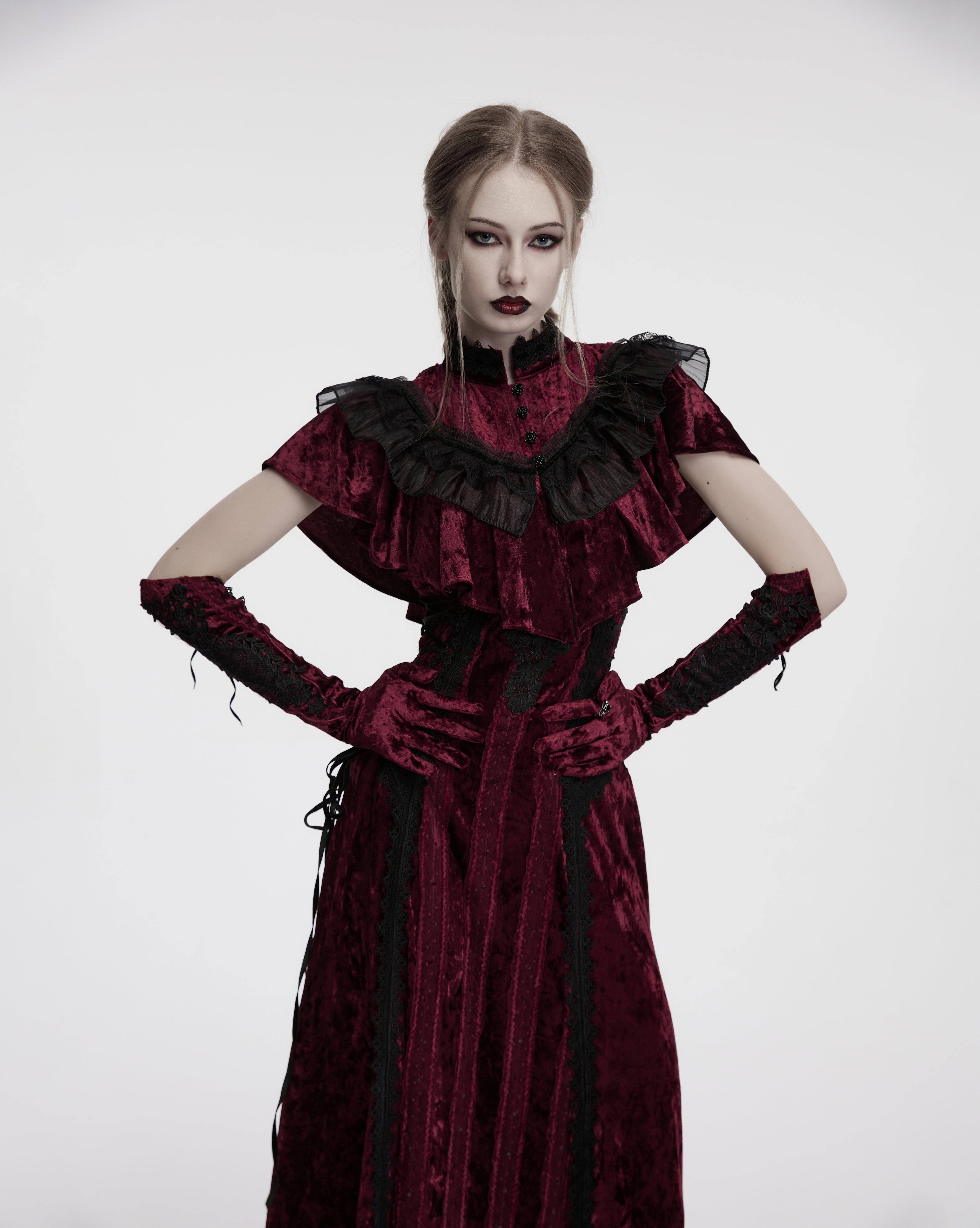 Punk Rave Selene Crimson Velvet Embroidered Gothic Evening Gloves