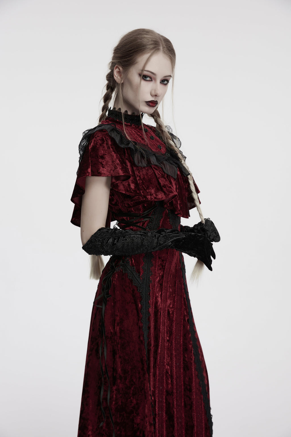 Punk Rave Selene Black Velvet Embroidered Gothic Gloves with Pointed Cuffs