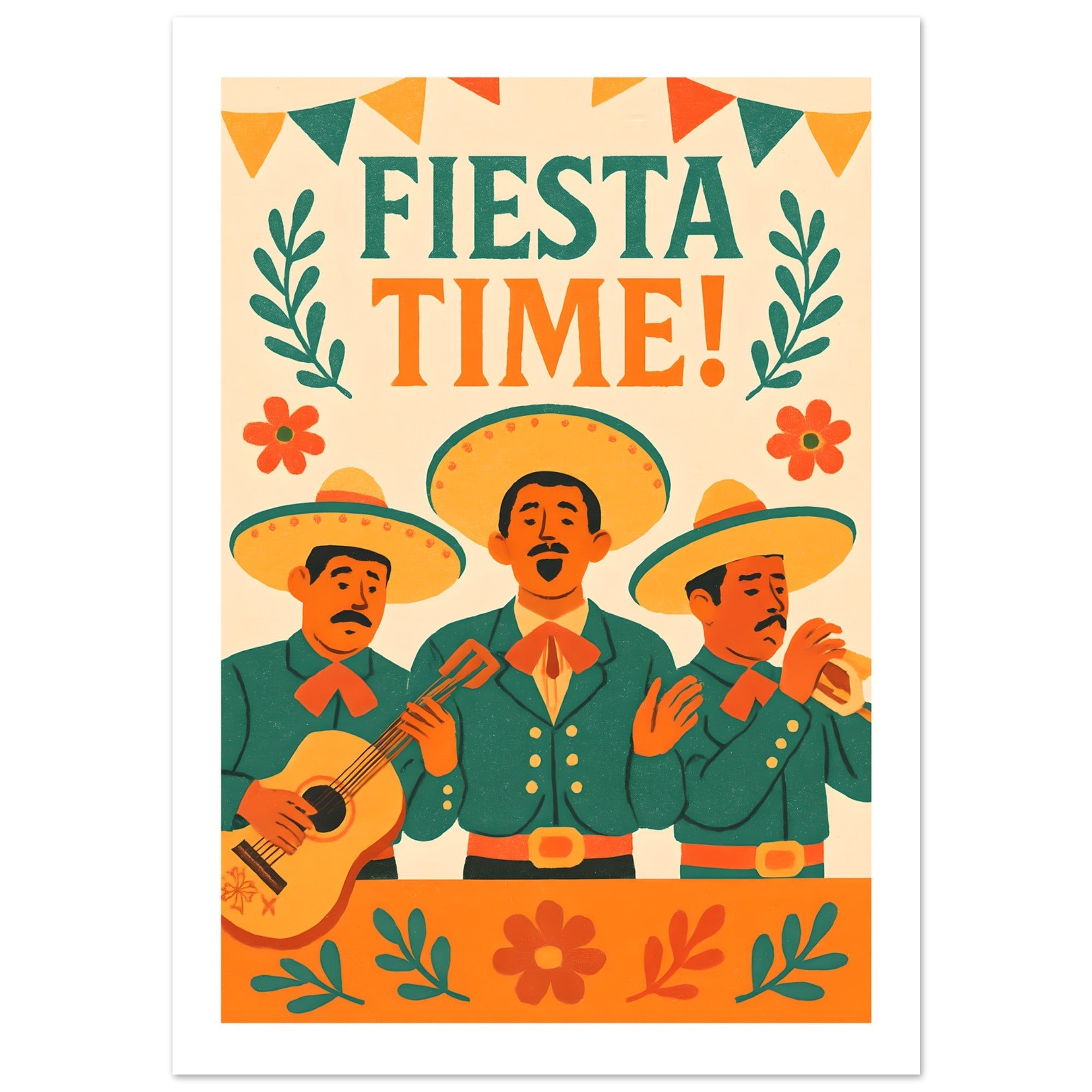Fiesta Time Poster – Retro Mexican Wall Art – Vintage Mariachi Band Print – Colorful Festival & Cinco de Mayo Home Decor