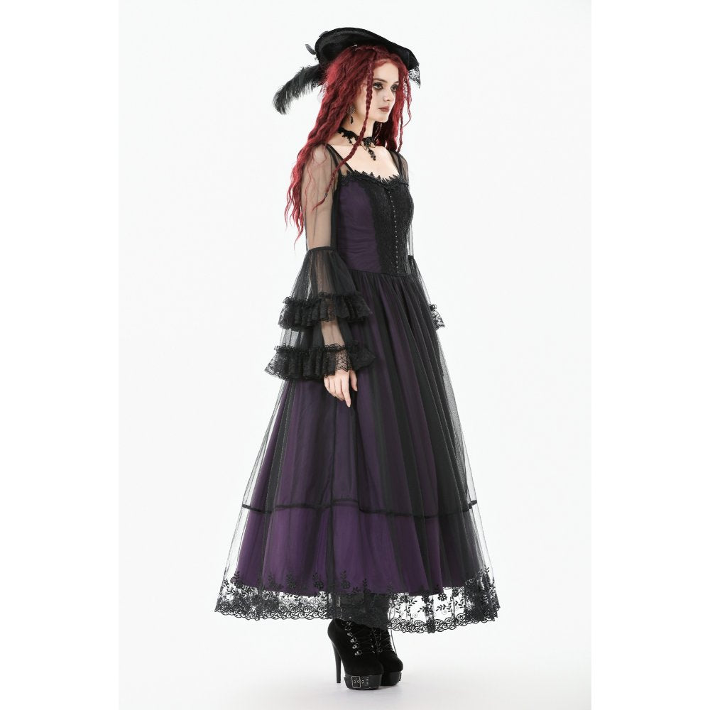Dark in Love Lilith Gothic Maxi Dress – Black & Plum Bell Sleeve