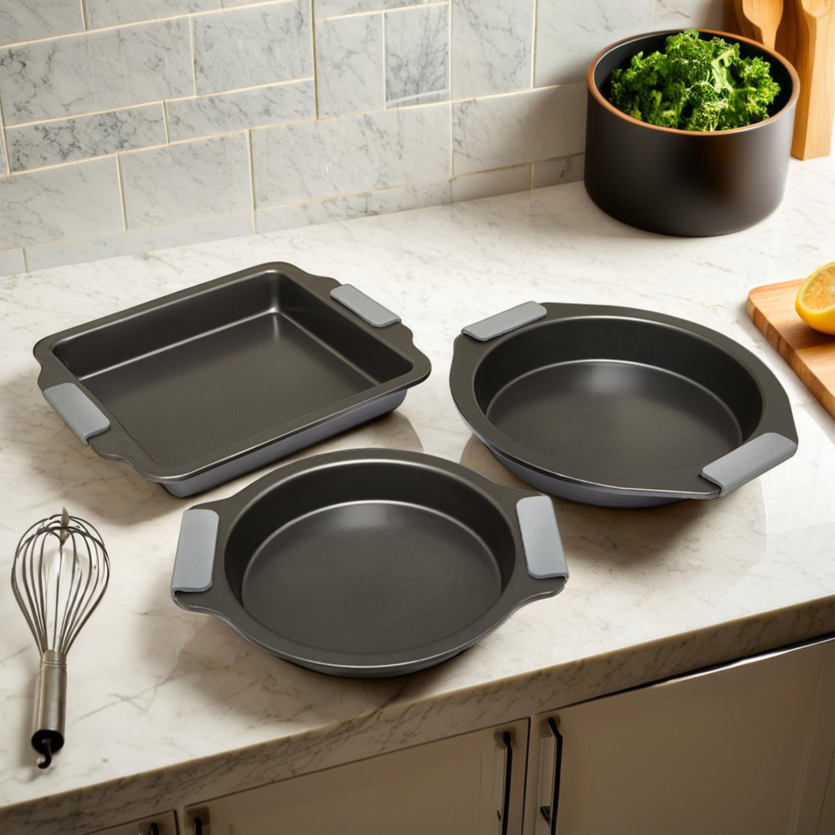 Orsina Non-Stick Baking Dishes – Set of 3 Grey Ovenware with Handles