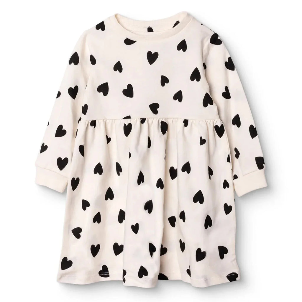 HelloBaby Girls Dress Heart Crew Neck Long Sleeve - Ecru Printed