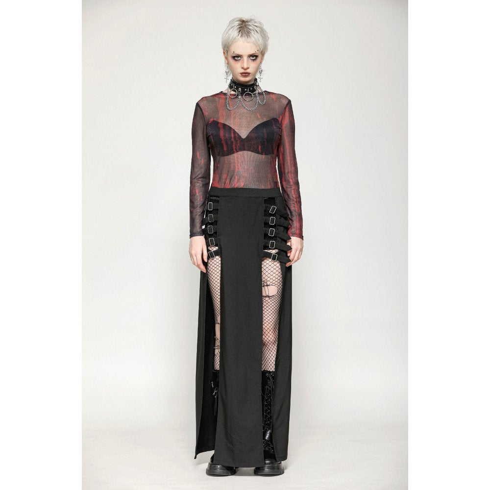 Dark in Love Carson Black and Red Tie-Dye Mesh Gothic Basic Top