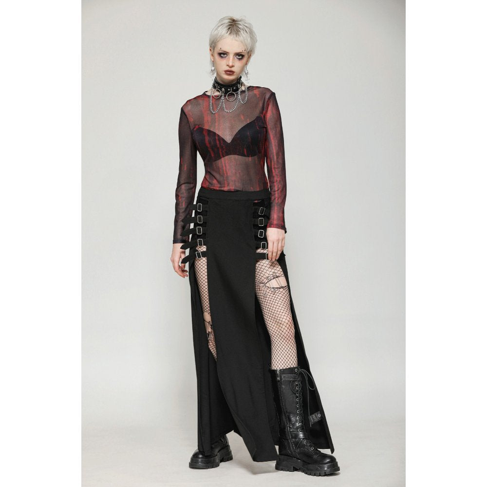 Dark in Love Phoenix Black Slit Maxi Skirt | Goth Faux Leather Buckle