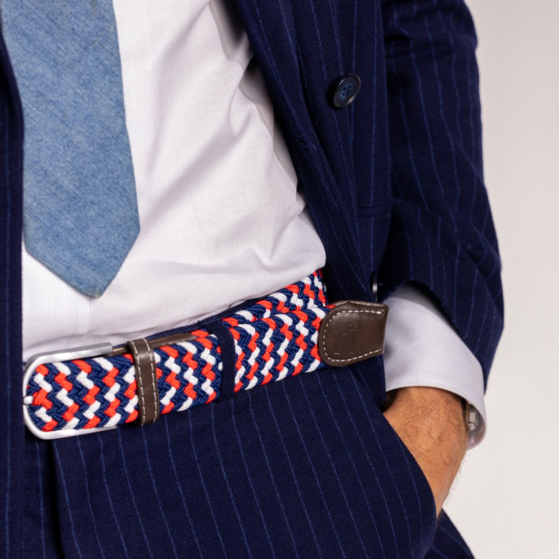 Swole Panda Recycled Woven Belt – Blue Red White Zigzag Elasticated
