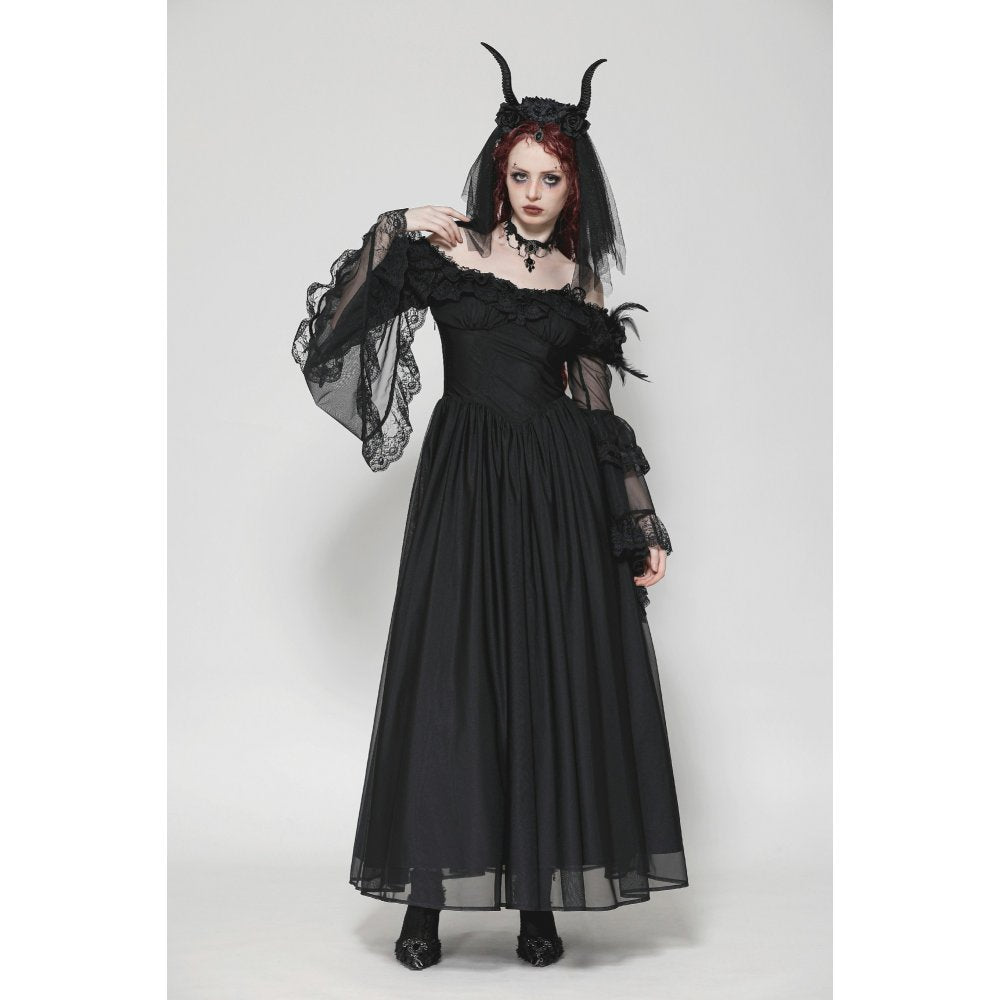 Dark in Love Millicent Black Tulle Feather Gothic Dress with Lace