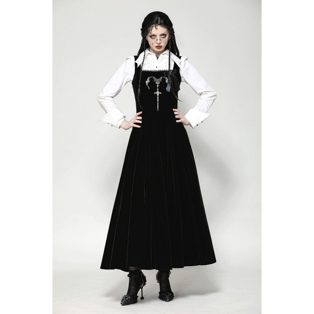 Dark in Love Lux Black Velvet Horn Embroidery Gothic Maxi Dress