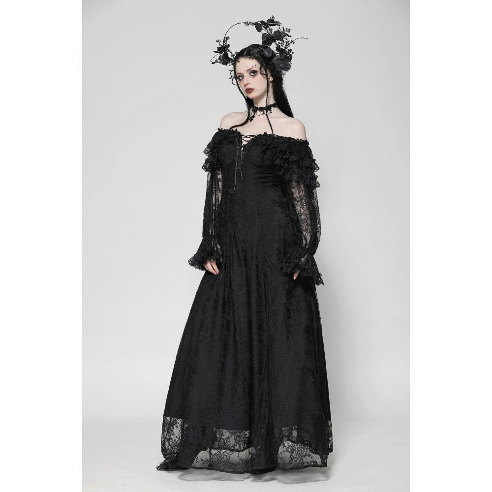 Dark in Love Cosette Gothic Maxi Dress – Lace Ruffle Off-Shoulder