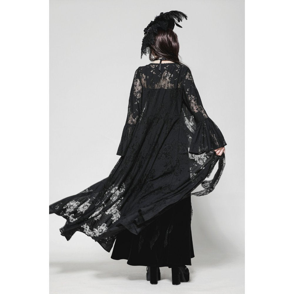 Dark in Love Emersyn Gothic Long Robe – Floral Lace Bell Sleeve