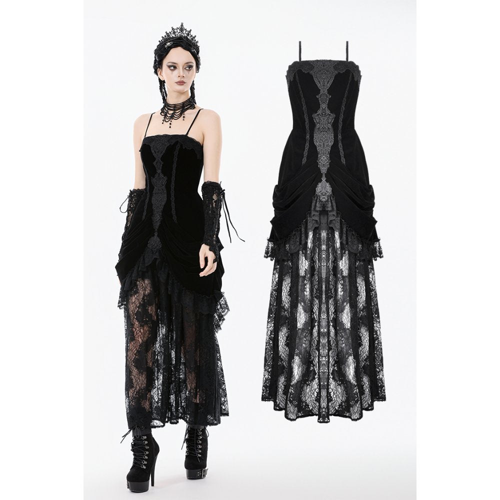 Dark in Love Vampiress Velvet and Lace Maxi Dress – Gothic Black
