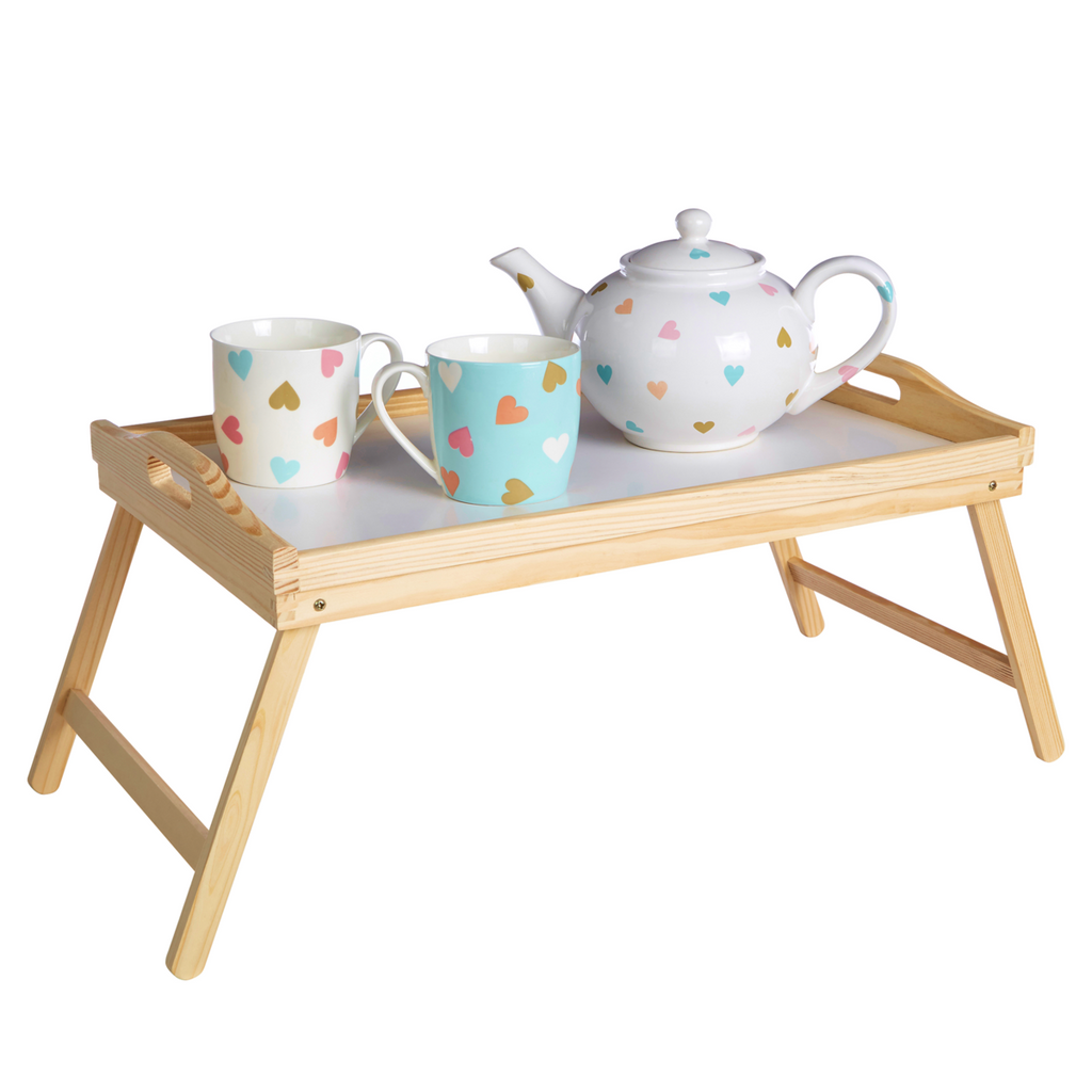 Orsina Pinewood Bed Tray with Folding Legs | White Top Serving Table