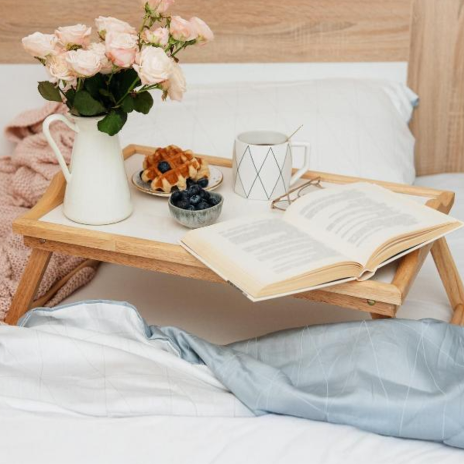 Orsina Pinewood Bed Tray with Folding Legs | White Top Serving Table