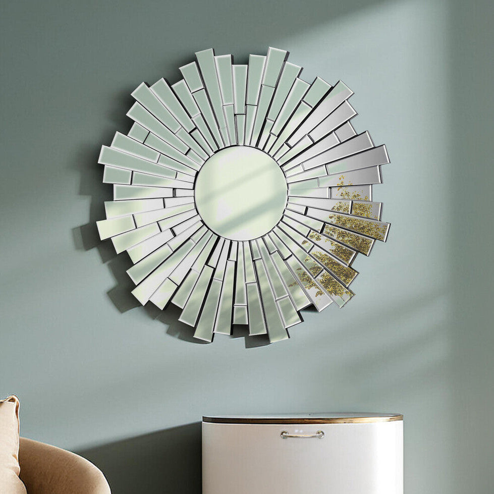 Orsina Glitzy Sunburst Round Wall Mirror – Silver Beveled Glass