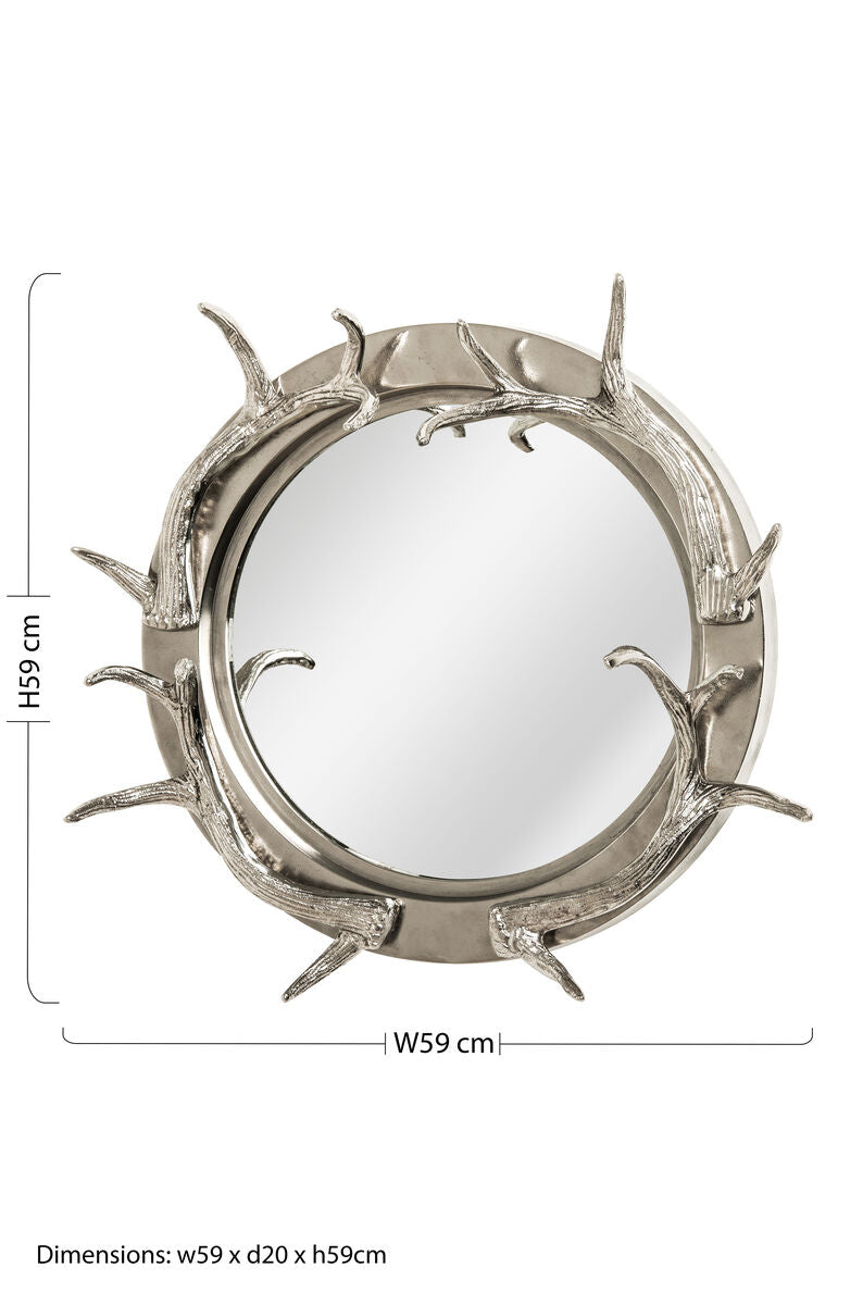Orsina Stag Antler Wall Mirror | Steel and Nickel Finish Round Mirror