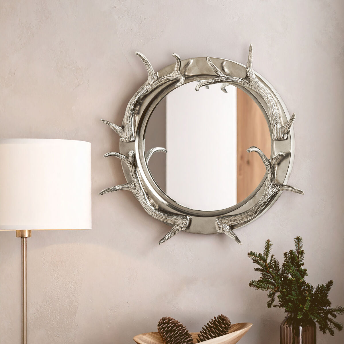 Orsina Stag Antler Wall Mirror | Steel and Nickel Finish Round Mirror