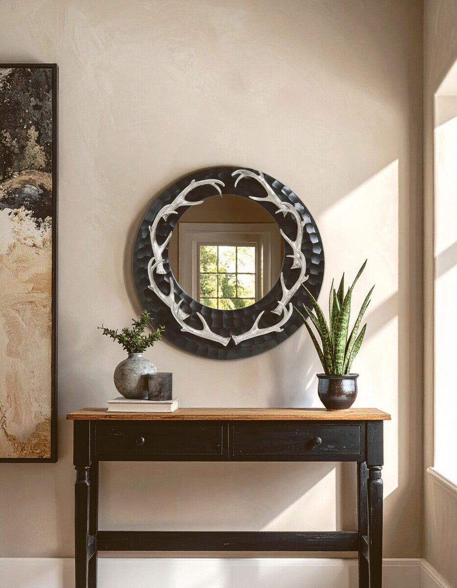 Orsina Stag Antler Wall Mirror – Brown and Nickel Finish Steel