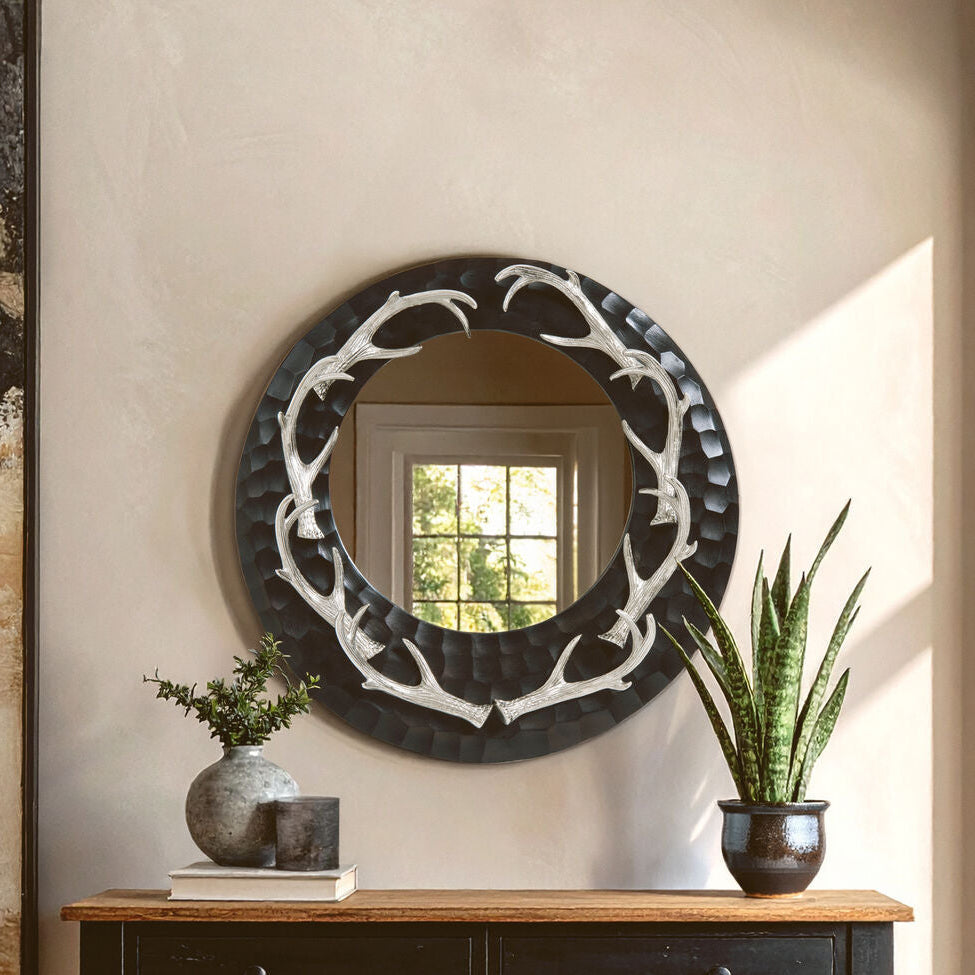 Orsina Stag Antler Wall Mirror – Brown and Nickel Finish Steel