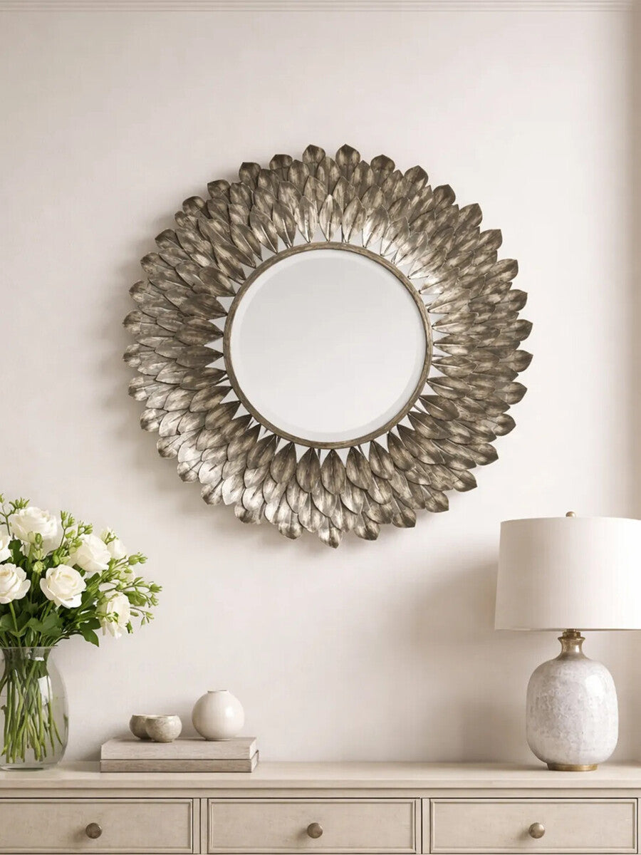 Orsina Tribeca Round Wall Mirror – Distressed Grey Iron Leaf Design