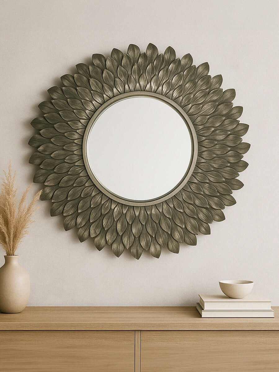 Orsina Tribeca Round Wall Mirror – Distressed Grey Iron Leaf Design